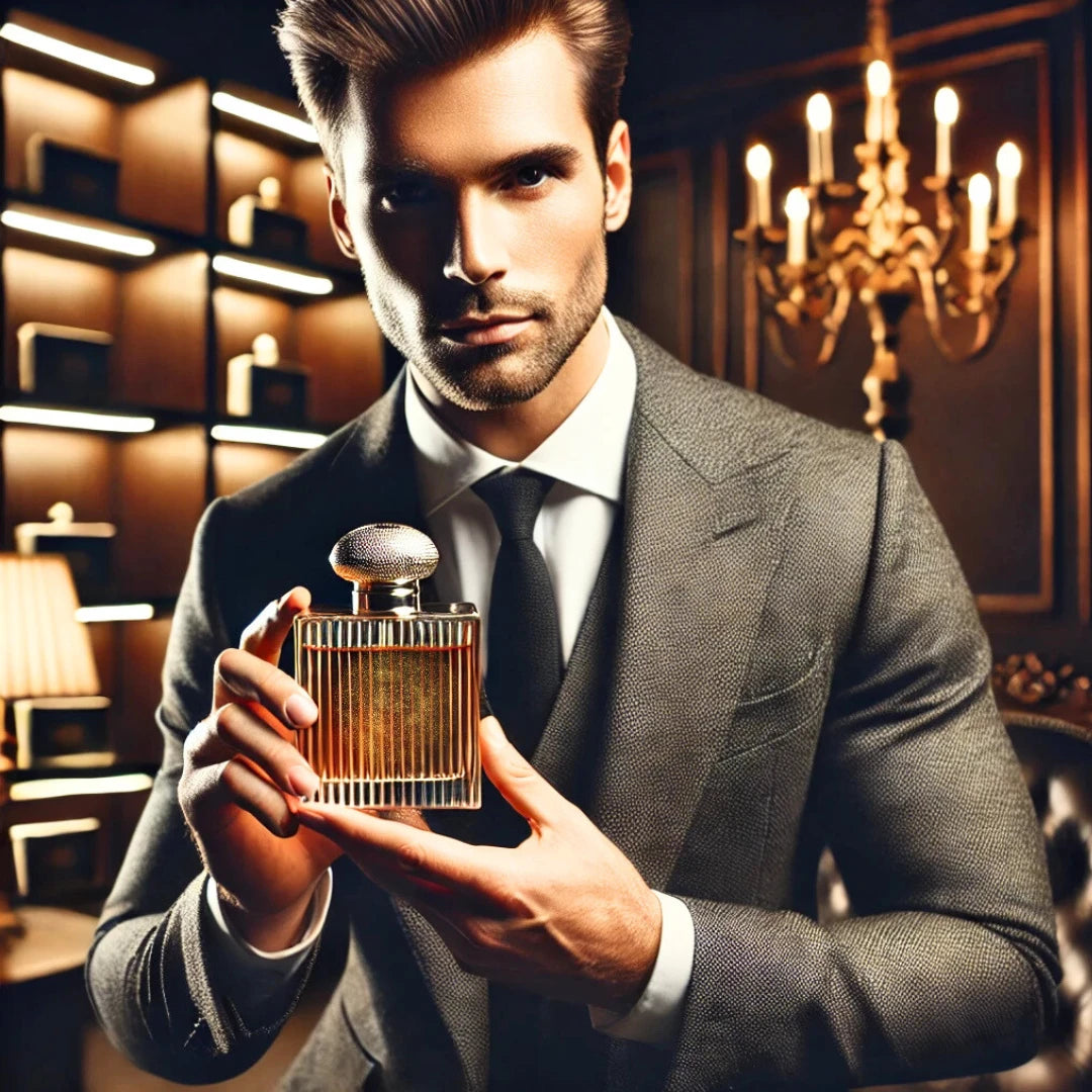 Hombre elegante sosteniendo un frasco de perfume lujoso en un ambiente cómodo con iluminación cálida y un candelabro al fondo.