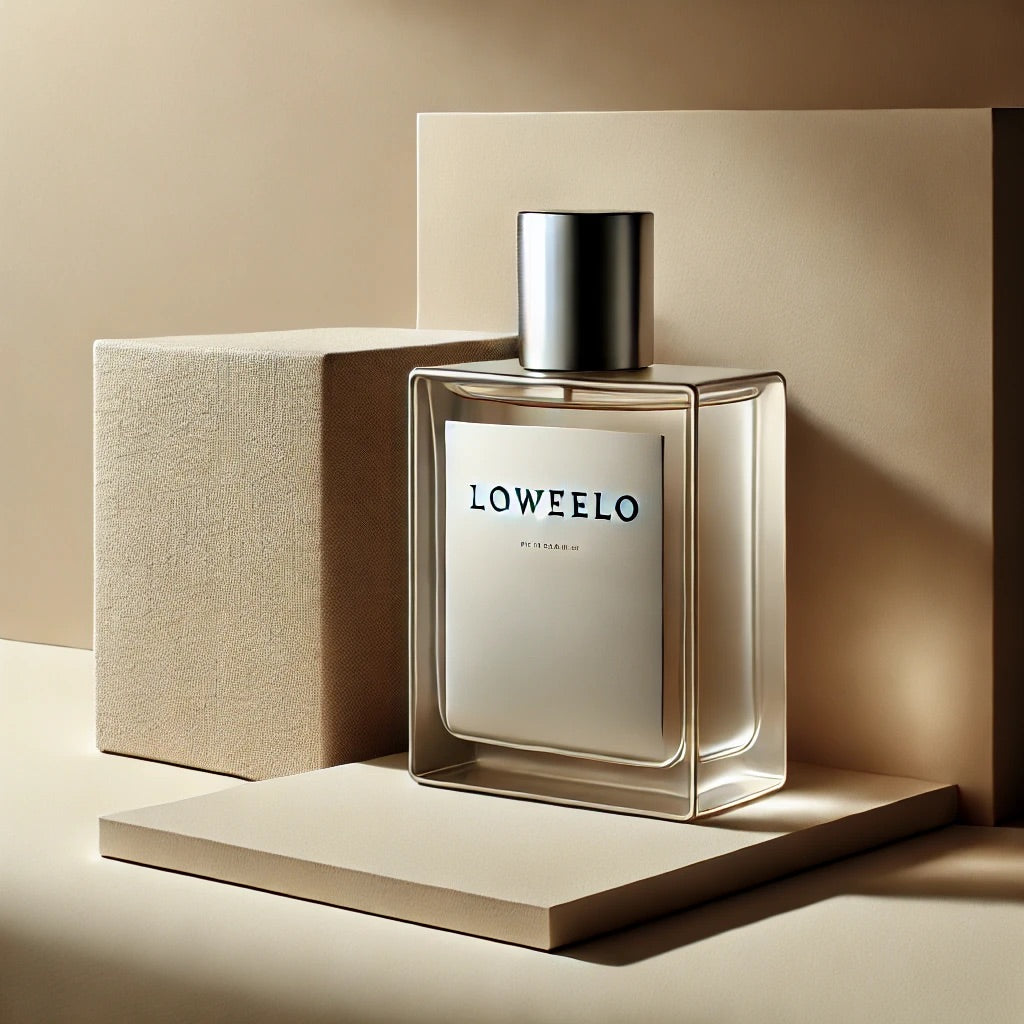 Frasco de perfume unisex de Loweelo en una presentación elegante y minimalista, sobre un fondo beige cómodo.